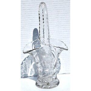 Vintage Clear Glass Basket With Floral Etching & Twisted Handle 9.75 In